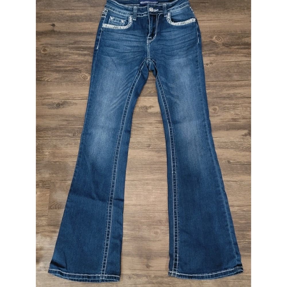 Westfield‎ Eagle Embellished Flare Jeans Blue Contrast Stitch Rhinestone Size 3